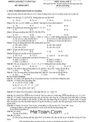Đề thi học kì 1 Toán lớp 6 năm 2019 - 2020 phòng GD&ĐT Bình Xuyên - Vĩnh Phúc