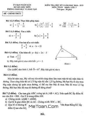 Đề thi học kì 1 Toán 7 năm 2018 - 2019 phòng GD&ĐT Hóc Môn - TP.HCM
