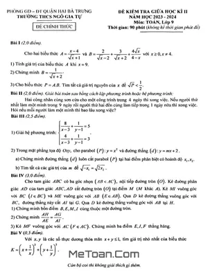 Đề thi giữa kì 2 Toán 9 năm 2023 - 2024 trường THCS Ngô Gia Tự - Hà Nội