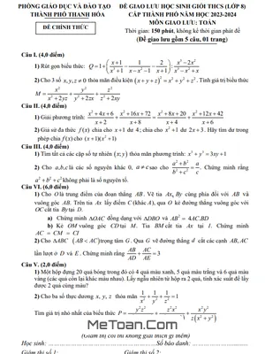 Đề Giao Lưu HSG Toán 8 Năm 2023 - 2024 Phòng GD&ĐT Thành Phố Thanh Hóa