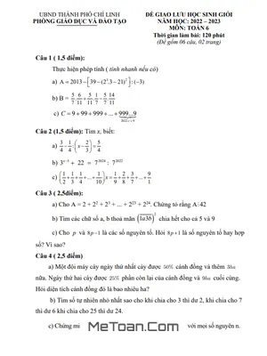 Đề Giao Lưu HSG Toán 6 Năm 2022 - 2023 Phòng GD&ĐT Chí Linh - Hải Dương