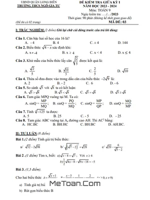 Đề thi giữa kỳ 1 Toán 9 năm 2023 - 2024 trường THCS Ngô Gia Tự - Hà Nội