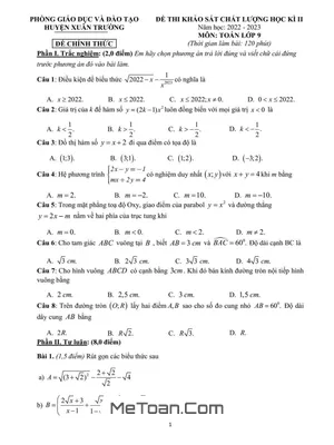 Đề thi học kì 2 Toán 9 năm 2022 - 2023 phòng GD&ĐT Xuân Trường - Nam Định