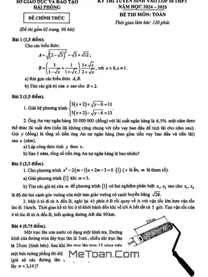 Đề tuyển sinh lớp 10 THPT môn Toán năm 2024 - 2025 sở GD&ĐT Hải Phòng