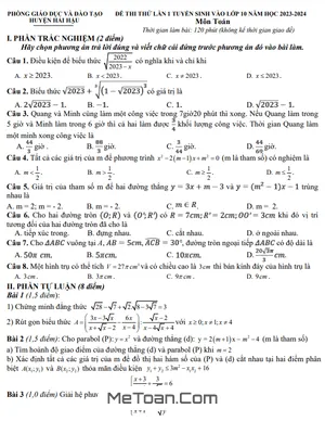 Đề thi thử Toán vào 10 lần 1 năm 2023 – 2024 phòng GD&ĐT Hải Hậu – Nam Định