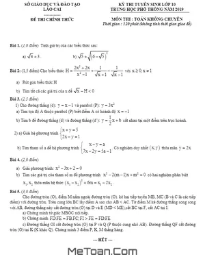 Đề thi tuyển sinh lớp 10 THPT môn Toán năm 2019 - 2020 sở GD&ĐT Lào Cai