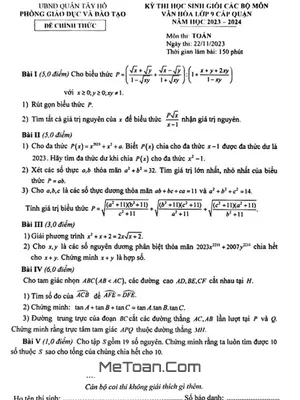 Đề thi học sinh giỏi Toán 9 cấp quận Tây Hồ năm 2023 - 2024