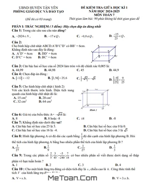 Đề giữa học kì 1 Toán 7 năm 2024 - 2025 phòng GD&ĐT Tân Yên - Bắc Giang