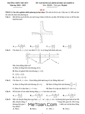 Đề Ôn Tập Cuối Kì 1 Toán 12 Năm 2024 - 2025 Trường THPT Thủ Đức - TP HCM