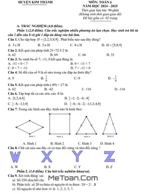 Đề thi học kì 1 Toán 6 năm 2024 - 2025 phòng GD&ĐT Kim Thành – Hải Dương