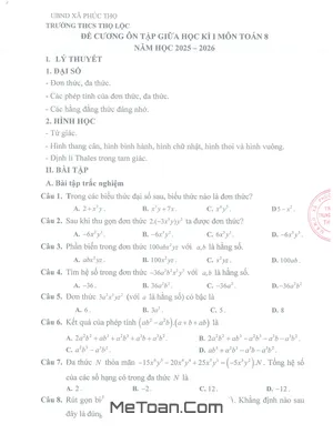 Đề Cương Ôn Tập Giữa Học Kì 1 Toán 8 Năm Học 2025 – 2026 Trường THCS Thọ Lộc – Hà Nội