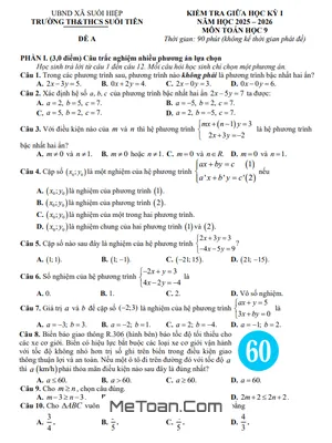 Đề thi giữa học kỳ 1 Toán 9 năm 2025 – 2026 trường TH&THCS Suối Tiên – Khánh Hòa