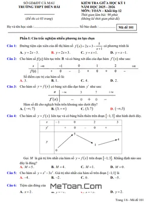Đề Thi Giữa Kỳ 1 Toán 12 Năm Học 2025 - 2026 Trường THPT Điền Hải, Cà Mau (Kèm Đáp Án Chi Tiết)