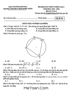 Đề Khảo Sát Toán 9 Lần 5 Năm 2025 – 2026 Trường TH&THCS Trần Quốc Toản – Bắc Ninh
