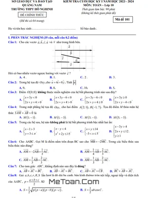 Đề Thi Học Kì 1 Toán 10 Năm 2023 - 2024 Trường THPT Hồ Nghinh - Quảng Nam