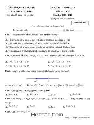 Đề thi học kì 1 Toán 10 năm 2019 - 2020 trường Đoàn Thượng - Hải Dương