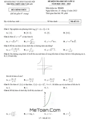 Đề thi học kì 1 Toán 12 năm 2022-2023 trường THPT Chu Văn An - Hà Nội