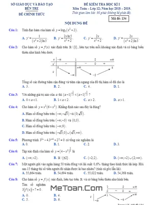 Đề thi học kỳ 1 Toán 12 năm học 2018 - 2019 sở GD&ĐT Bến Tre