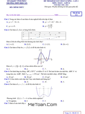 Đề khảo sát chất lượng Toán 12 lần 1 năm 2020 – 2021 trường THPT Đội Cấn – Vĩnh Phúc
