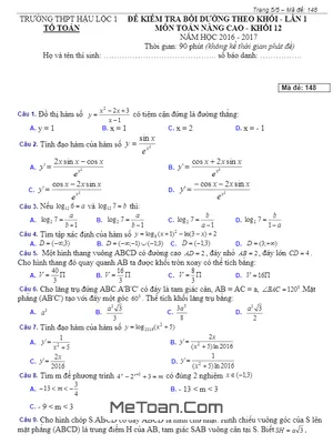 Đề kiểm tra bồi dưỡng Toán 12 lần 1 - THPT Hậu Lộc 1, Thanh Hóa