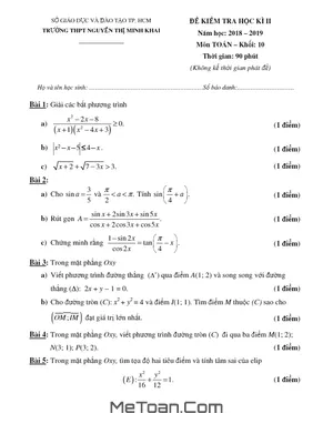 Đề Thi Học Kì 2 Toán 10 Năm 2018 - 2019 Trường Nguyễn Thị Minh Khai - TP HCM
