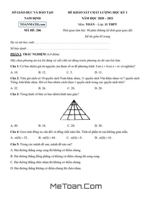 Đề thi học kỳ 1 Toán 11 năm học 2020 - 2021 sở GD&ĐT Nam Định