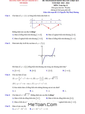 Bộ Đề Tham Khảo Giữa Kì 1 Toán 12 Năm 2023 - 2024 Trường Thuận Thành 1 - Bắc Ninh