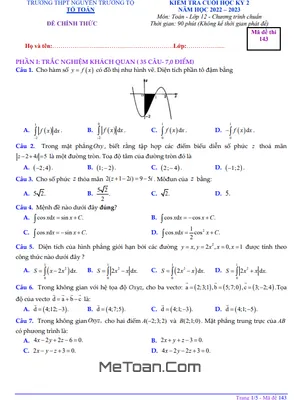 Trọn bộ Đề thi học kỳ 2 Toán 12 năm 2022 – 2023 trường THPT Nguyễn Trường Tộ – TT Huế
