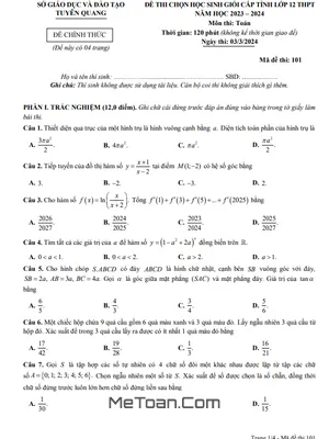 Đề thi chọn học sinh giỏi cấp tỉnh môn Toán lớp 12 năm 2023 - 2024 sở GD&ĐT Tuyên Quang