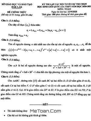 Đề thi lập đội tuyển HSG Toán THPT năm 2020 – 2021 sở GD&ĐT Đắk Lắk (ngày 2)