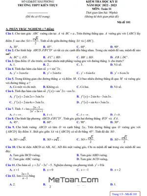 Đề Thi Học Kỳ 2 Môn Toán Lớp 11 Năm 2022 - 2023 Trường THPT Kiến Thụy - Hải Phòng
