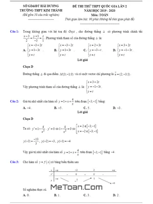 Đề thi thử THPTQG 2020 môn Toán lần 2 trường THPT Kim Thành – Hải Dương