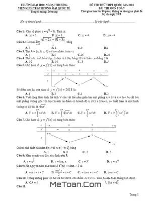 Đề thi thử Toán THPTQG 2018 trường Đại học Ngoại Thương – Hà Nội lần 7