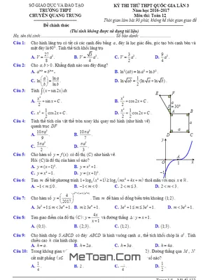Đề thi thử THPT Quốc gia 2017 môn Toán trường THPT chuyên Quang Trung – Bình Phước [Lần 3] - Có đáp án