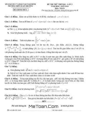 Đề thi thử THPT Quốc gia 2016 môn Toán - Trường THPT Xuân Trường - Nam Định - Lần 2 (Có đáp án)