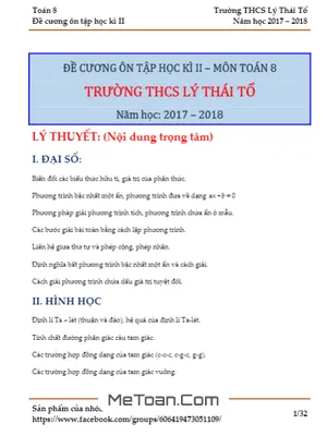 Đề cương ôn tập Toán 8 HK2 năm 2017-2018 trường THCS Lý Thái Tổ - Hà Nội