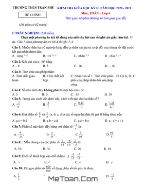 Đề thi giữa HK2 Toán lớp 6 năm 2020 - 2021 trường THCS Trần Phú - Quảng Nam