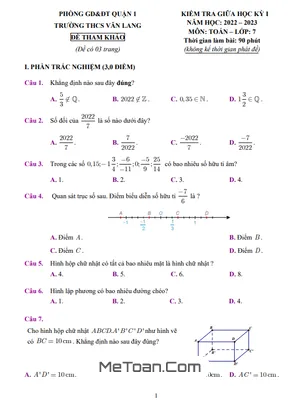 Đề tham khảo giữa học kỳ 1 Toán lớp 7 năm 2022 - 2023 trường THCS Văn Lang - TP HCM