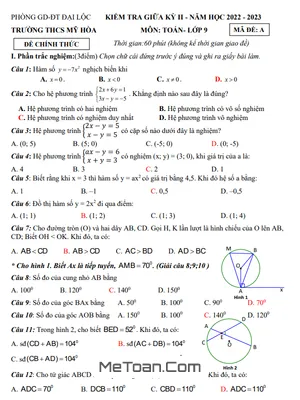 Đề thi giữa kỳ 2 Toán 9 năm 2022 - 2023 trường THCS Mỹ Hòa - Quảng Nam (có đáp án)