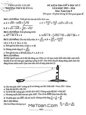 Đề Thi Giữa Kỳ 1 Môn Toán Lớp 9 Năm 2023 - 2024 Trường THCS Xuân La - Hà Nội