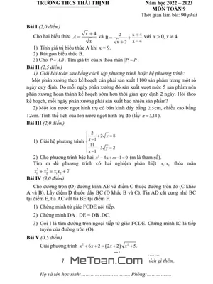 Đề thi học kì 2 Toán 9 năm 2022 - 2023 trường THCS Thái Thịnh - Hà Nội (có đáp án)
