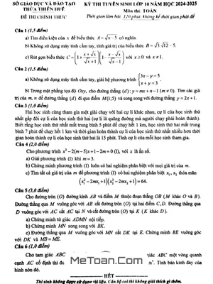 Đề thi tuyển sinh lớp 10 môn Toán năm 2024 - 2025 Sở GD&ĐT Thừa Thiên Huế