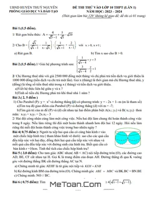 Đề thi thử Toán vào lớp 10 lần 1 năm 2023 - 2024 phòng GD&ĐT Thủy Nguyên - Hải Phòng