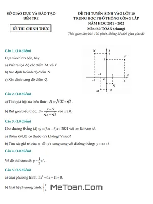 Đề Thi Tuyển Sinh Lớp 10 Môn Toán (Chung) Năm 2021 - 2022 Sở GD&ĐT Bến Tre