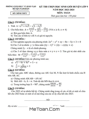 Đề thi HSG huyện Toán 9 năm 2023 - 2024 phòng GD&ĐT Nam Đàn - Nghệ An