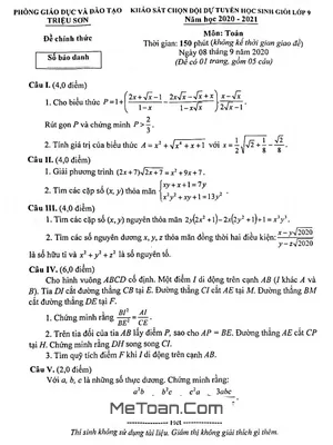 Đề thi HSG Toán 9 năm 2020 - 2021 phòng GD&ĐT Triệu Sơn - Thanh Hóa