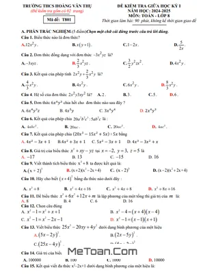 Đề thi giữa kì 1 Toán 8 năm 2024 - 2025 trường THCS Hoàng Văn Thụ - Bắc Giang