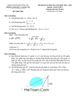 Đề thi học kì 1 Toán lớp 9 năm 2024 - 2025 phòng GD&ĐT TP. Vũng Tàu