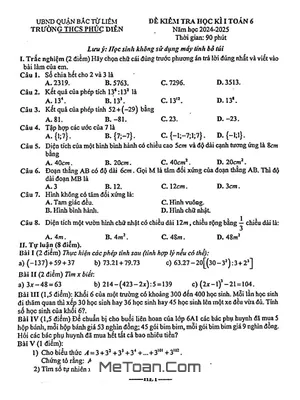 Đề Thi Học Kì 1 Toán Lớp 6 Năm 2024 - 2025 Trường THCS Phúc Diễn - Hà Nội