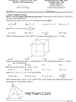 Đề Thi Giữa Học Kỳ 2 Toán Lớp 11 Năm 2025-2026 THPT Hàm Long, Bắc Ninh